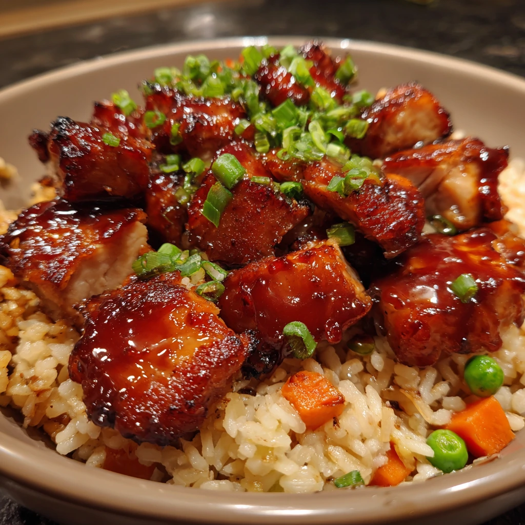 Savory Honey BBQ Chicken Rice Bowl with Crispy Vegetables