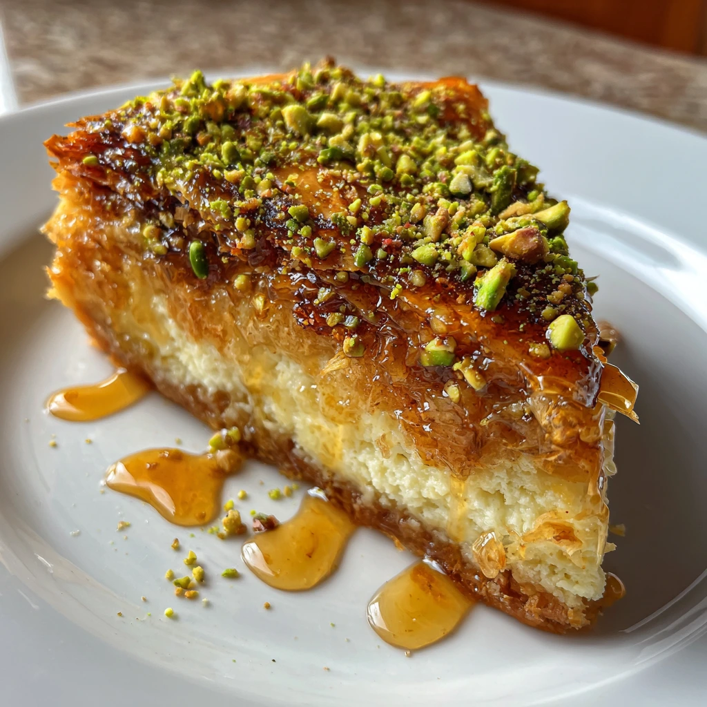 Decadent Honey Pistachio Baklava Cheesecake with a Crunchy Phyllo Crust