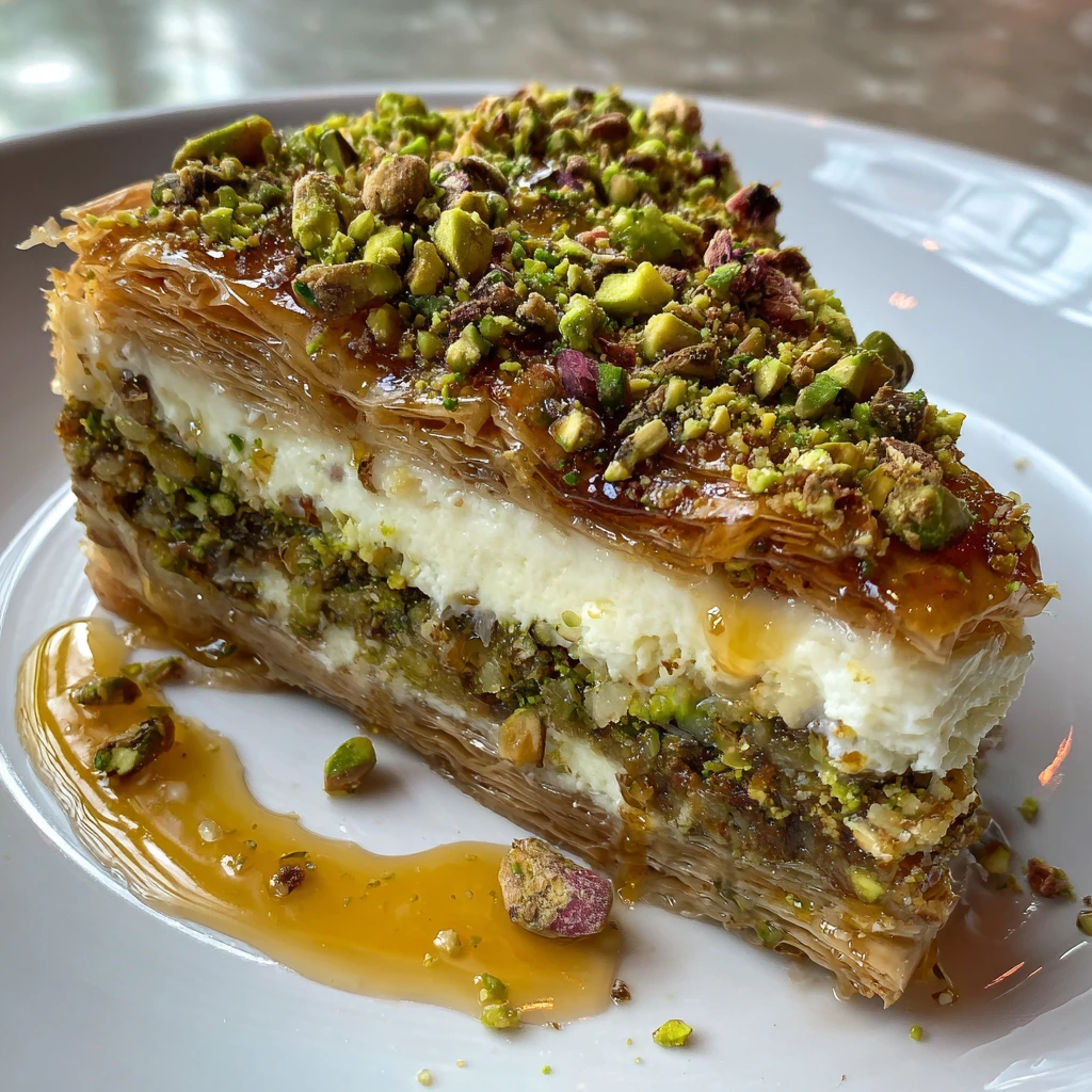 Decadent Honey Pistachio Baklava Cheesecake with a Crunchy Phyllo Crust