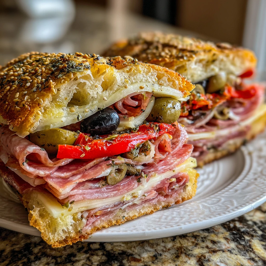 Deliciously Tangy Italian Pressed Sandwich with Savory Salami and Fresh Basil