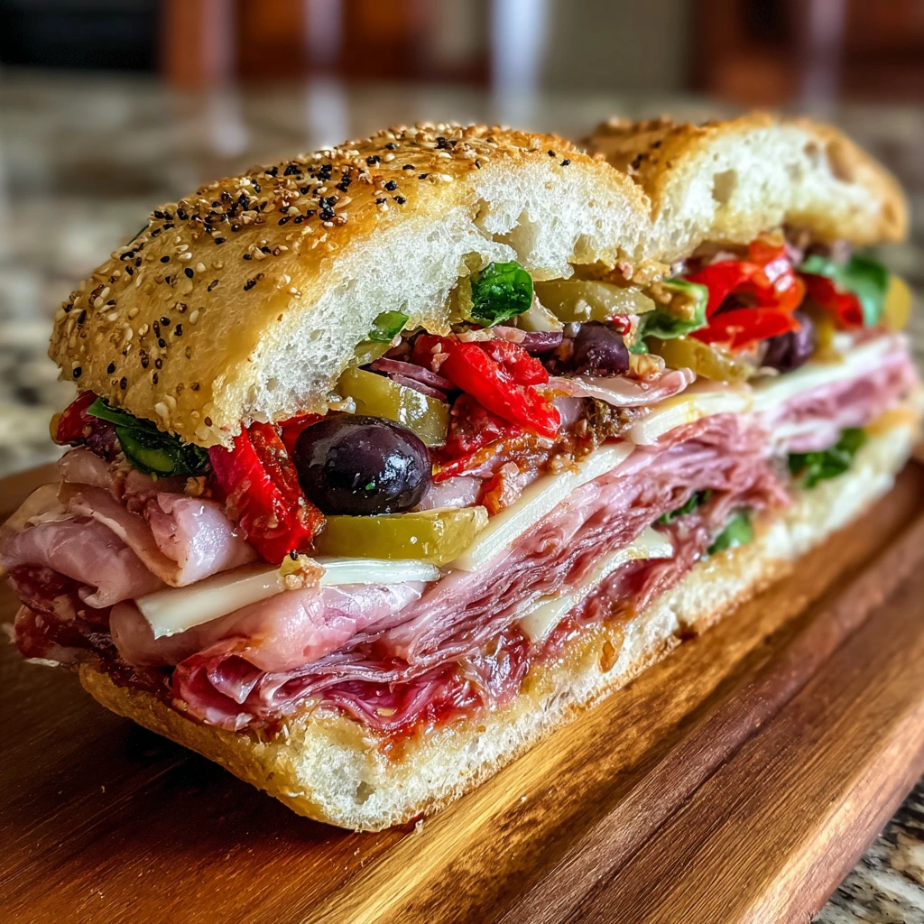 Deliciously Tangy Italian Pressed Sandwich with Savory Salami and Fresh Basil