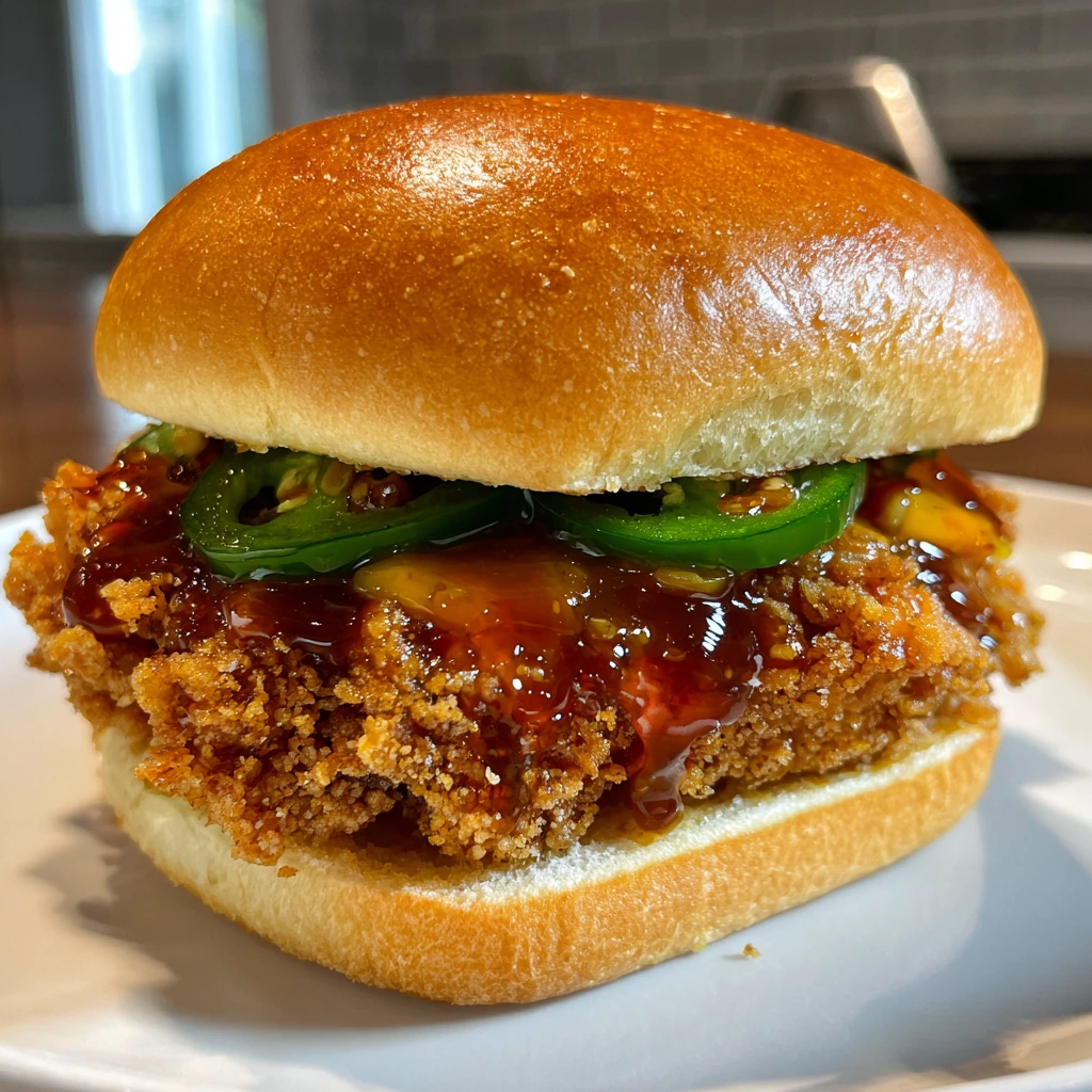 Spicy Jalapeno Honey Drenched Crispy Fried Chicken Sandwich with Sweet Slaw