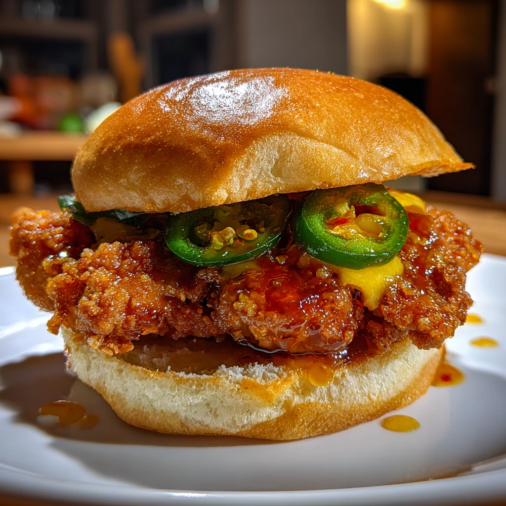 Spicy Jalapeno Honey Drenched Crispy Fried Chicken Sandwich with Sweet Slaw
