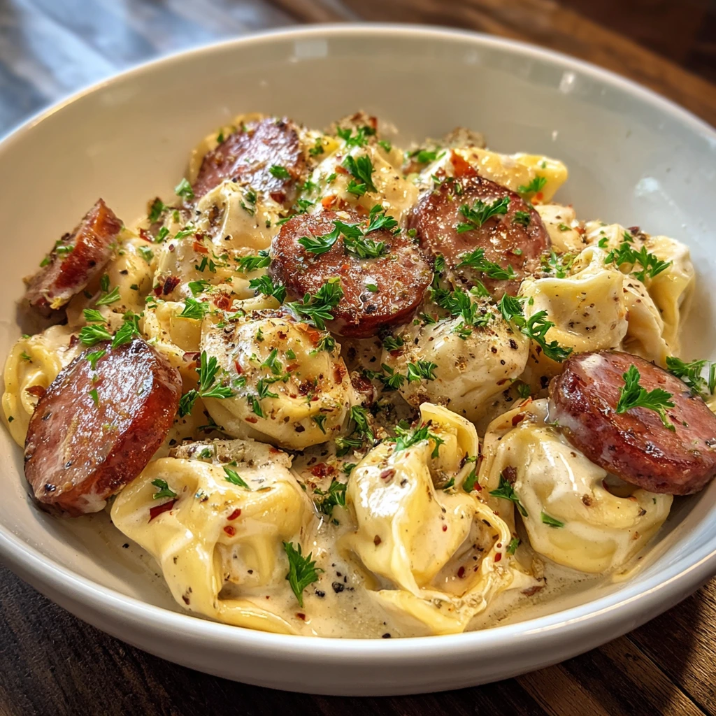 Creamy Kielbasa Tortellini Alfredo with Spinach and Parmesan