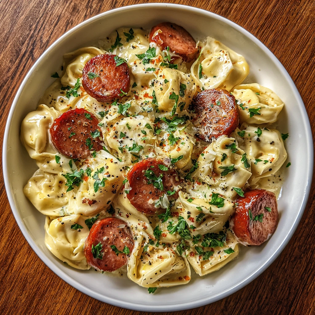 Creamy Kielbasa Tortellini Alfredo with Spinach and Parmesan
