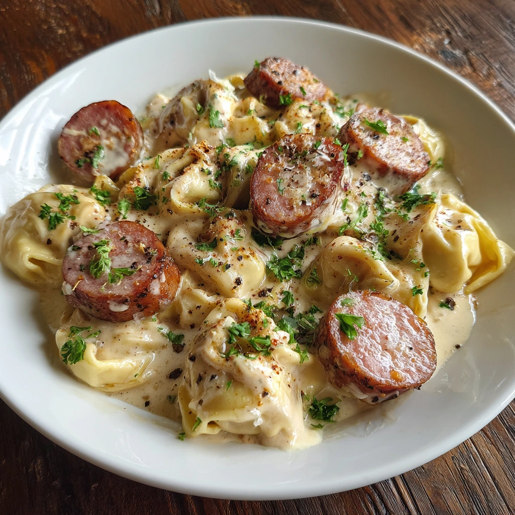Creamy Kielbasa Tortellini Alfredo with Spinach and Parmesan