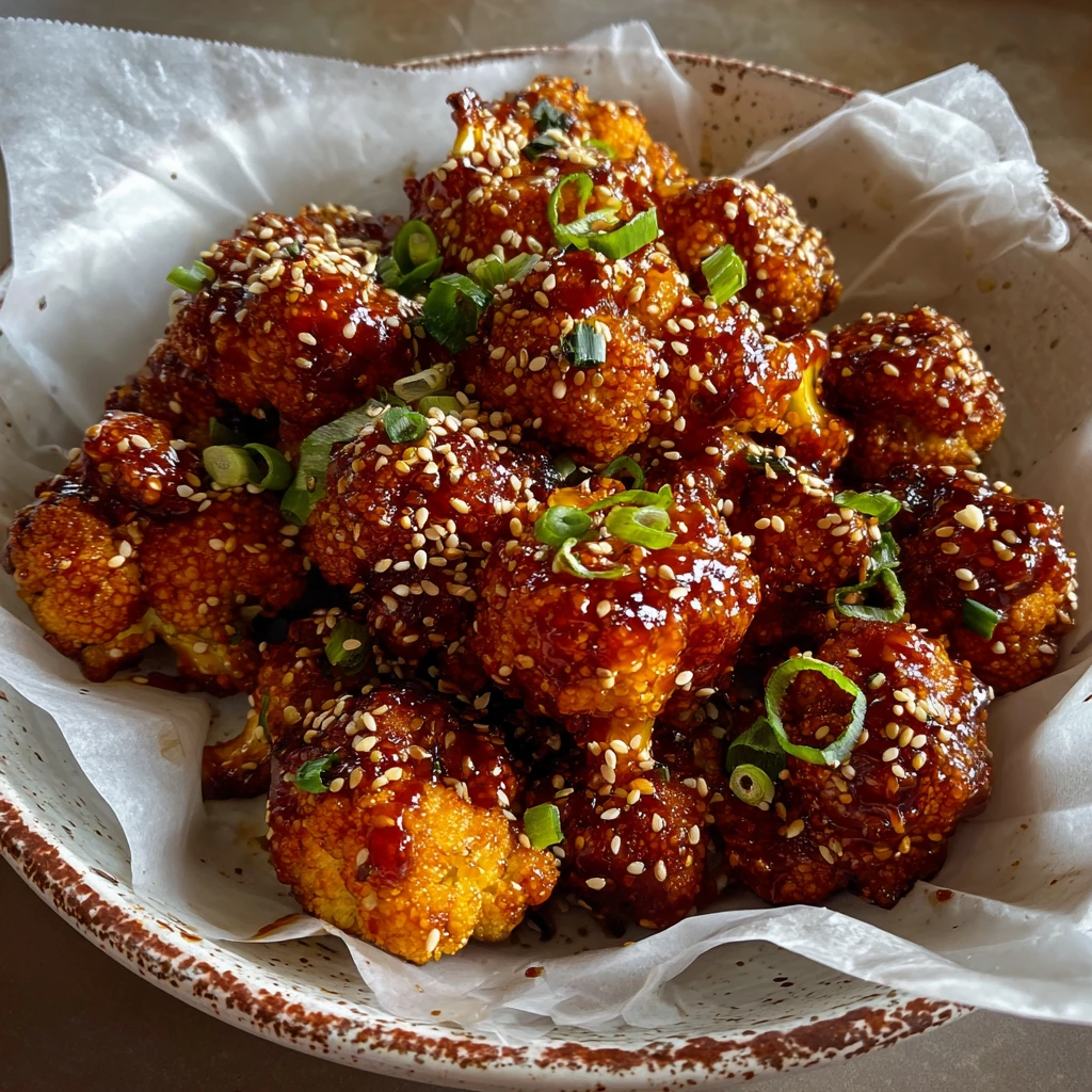 Savory Korean Baked Cauliflower with Sweet Gochujang Glaze and Sesame Crunch