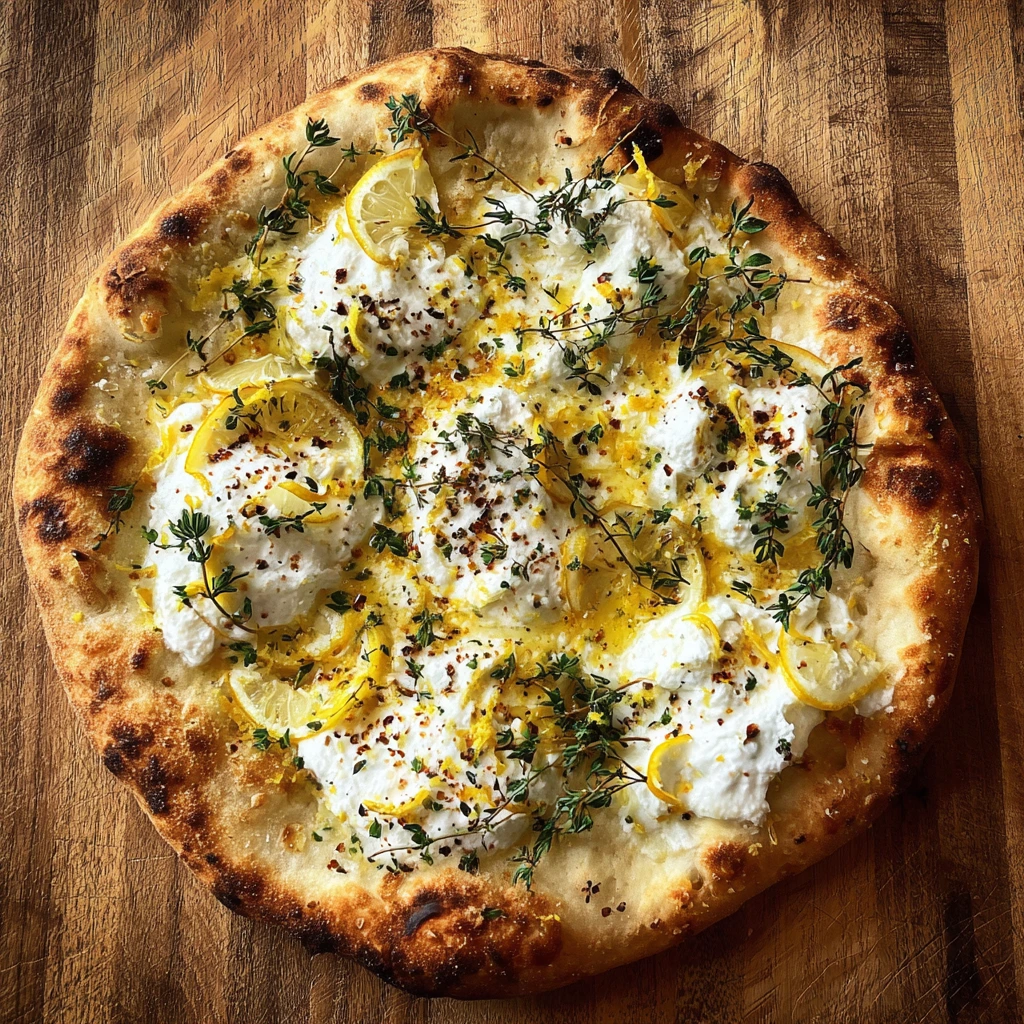 Zesty Lemon Ricotta Pizza with Fresh Basil and Tangy Honey Drizzle