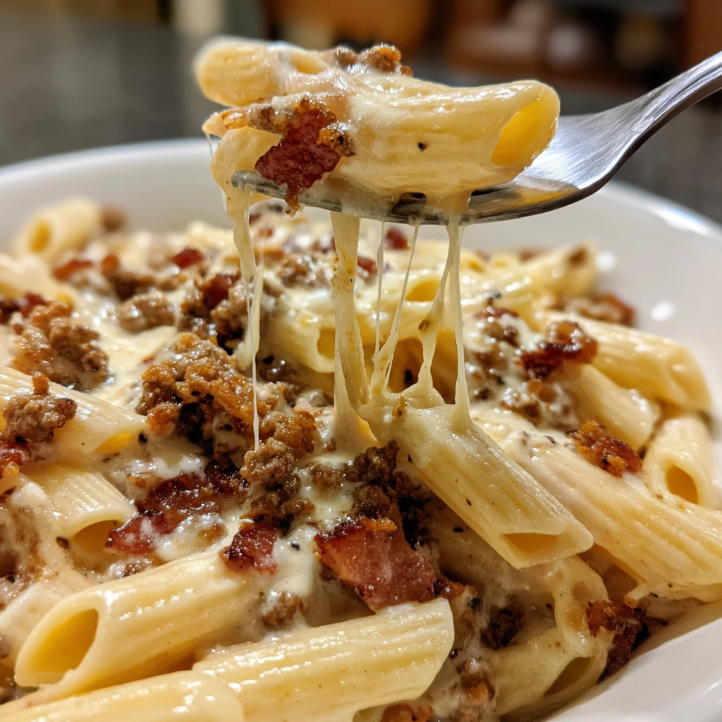 Savory Loaded Bacon Cheeseburger Alfredo Pasta with Crispy Toppings