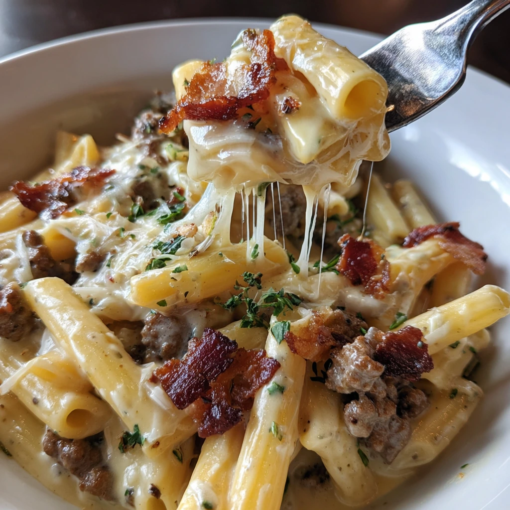 Savory Loaded Bacon Cheeseburger Alfredo Pasta with Crispy Toppings