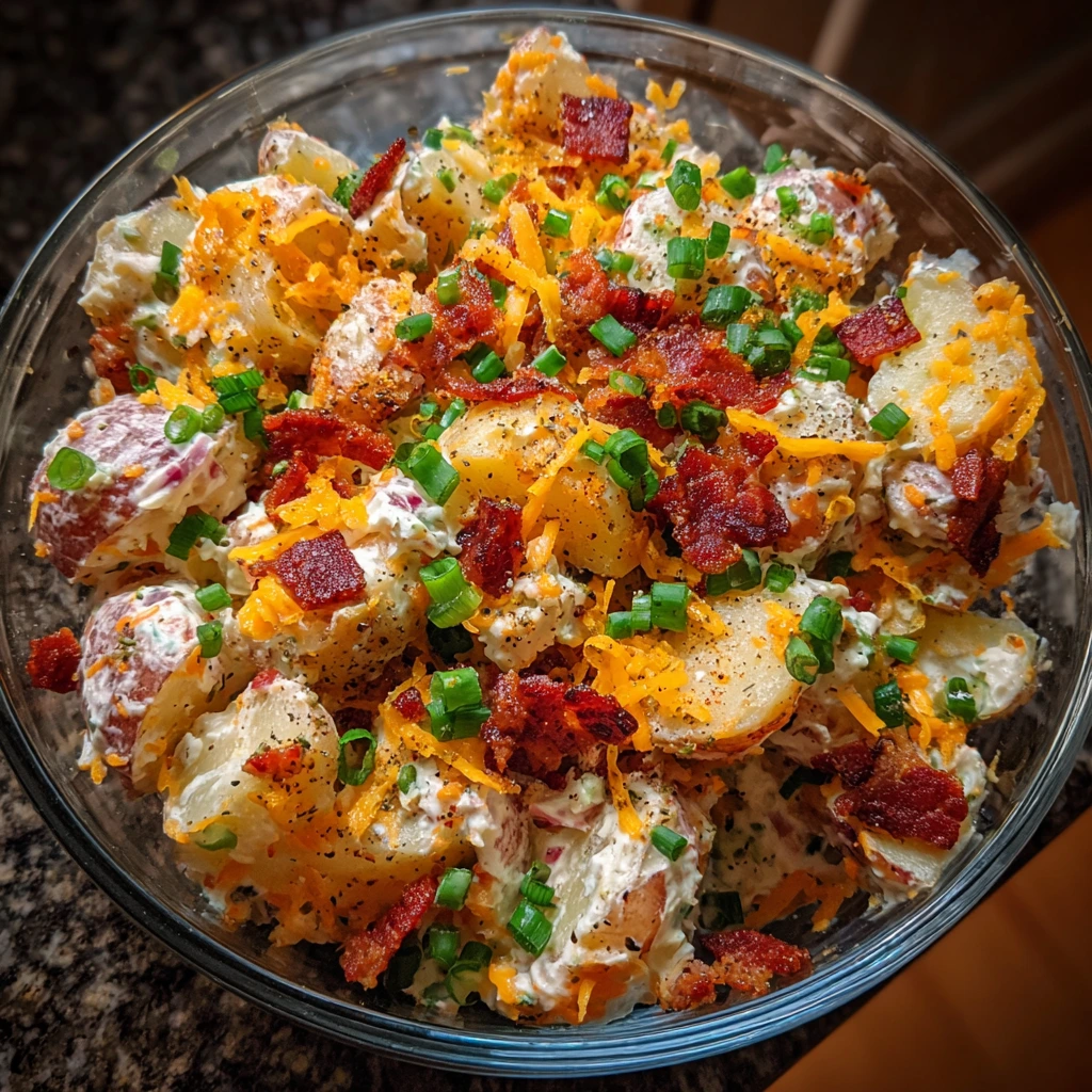Creamy Loaded Baked Potato Salad with Bacon, Cheese, and Chives