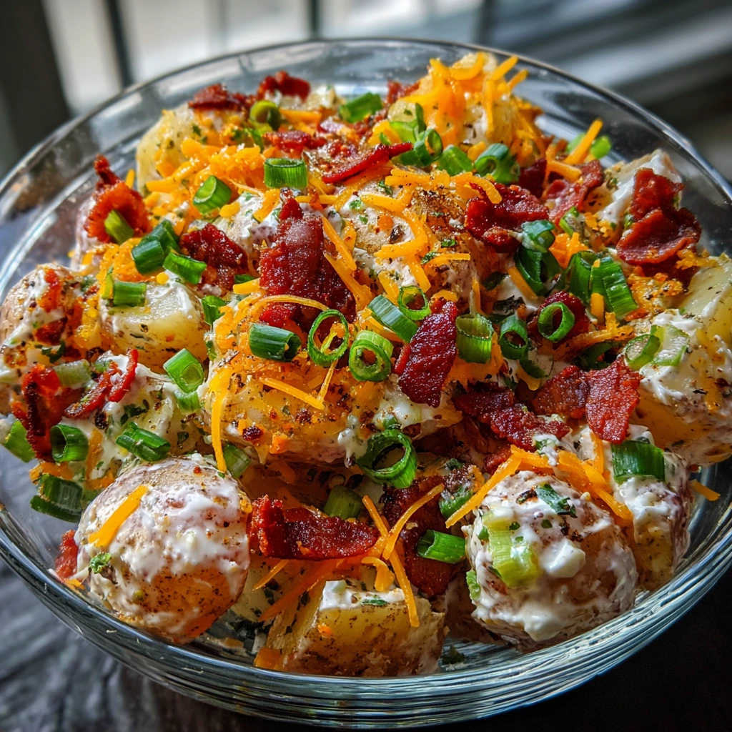 Creamy Loaded Baked Potato Salad with Bacon, Cheese, and Chives