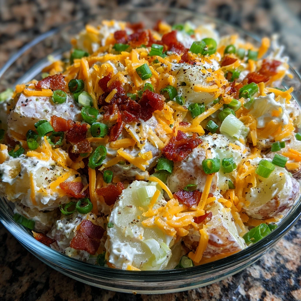 Creamy Loaded Baked Potato Salad with Bacon, Cheese, and Chives