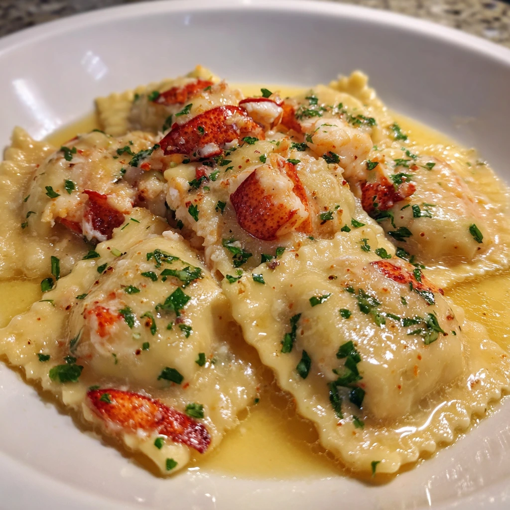 Delicate Lobster Ravioli with Zesty Lemon Butter Sauce and Fresh Herbs