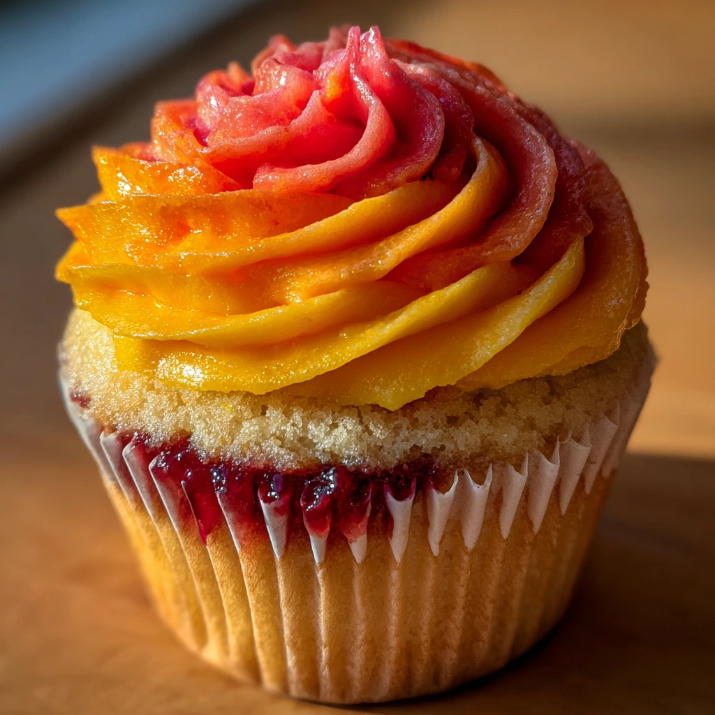 Delightfully Lush Mango Strawberry Sunset Cupcakes with Creamy Frosting