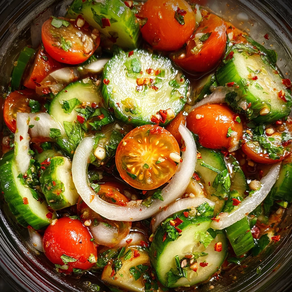 Tangy Marinated Cucumbers, Onions, and Tomatoes with Fresh Herbs