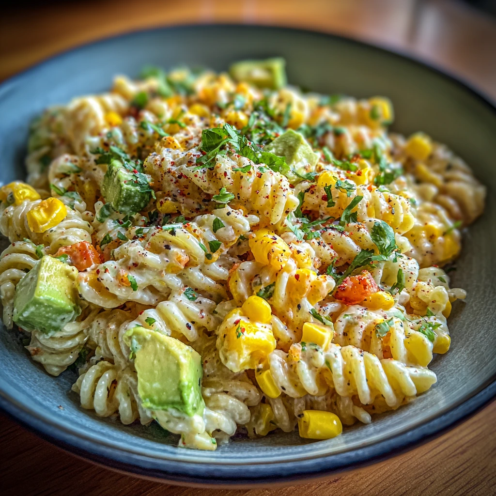 Zesty Mexican Street Corn Pasta Salad with Creamy Avocado Dressing
