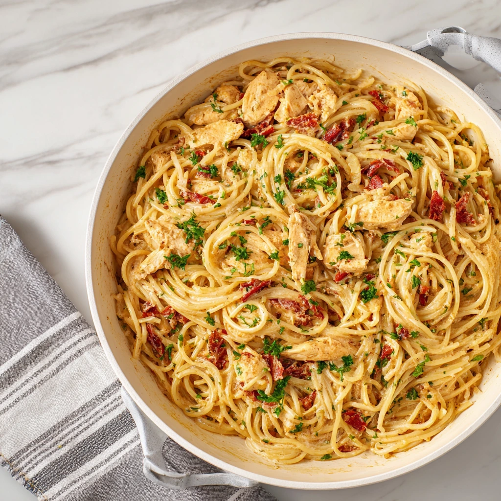 Savory Monterey Chicken Spaghetti with Creamy Alfredo Sauce and Fresh Vegetables