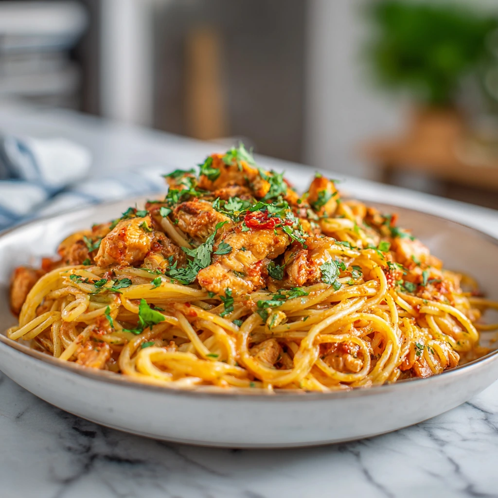 Savory Monterey Chicken Spaghetti with Creamy Alfredo Sauce and Fresh Vegetables