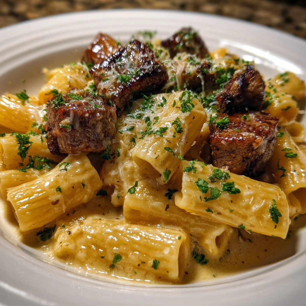 Decadent Garlic Butter Steak Paired with Cheesy Rigatoni Bliss