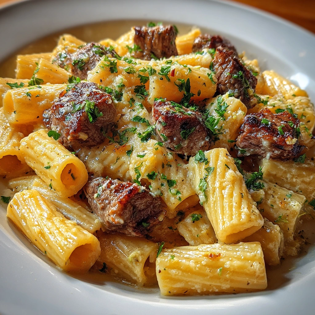 Decadent Garlic Butter Steak Paired with Cheesy Rigatoni Bliss