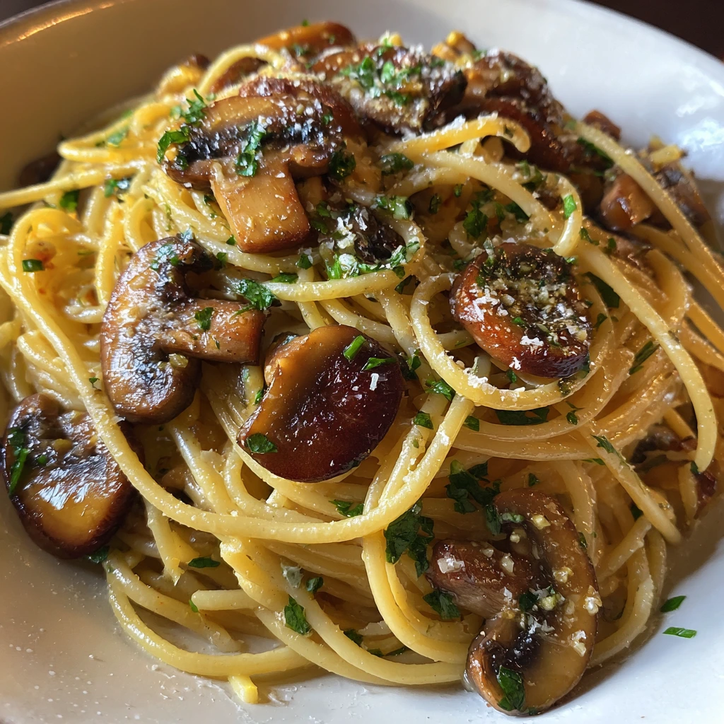 Savory Mushroom-Garlic Spaghetti with Fresh Herbs and Parmesan