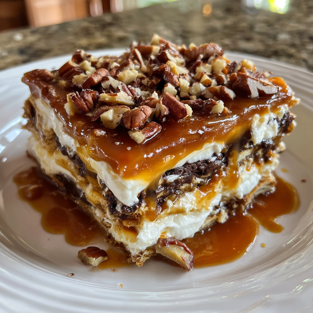 Decadent No-Bake Turtle Lasagna Dessert with Creamy Layers and Caramel Drizzle