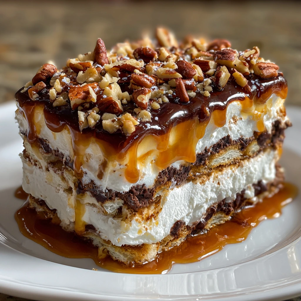 Decadent No-Bake Turtle Lasagna Dessert with Creamy Layers and Caramel Drizzle