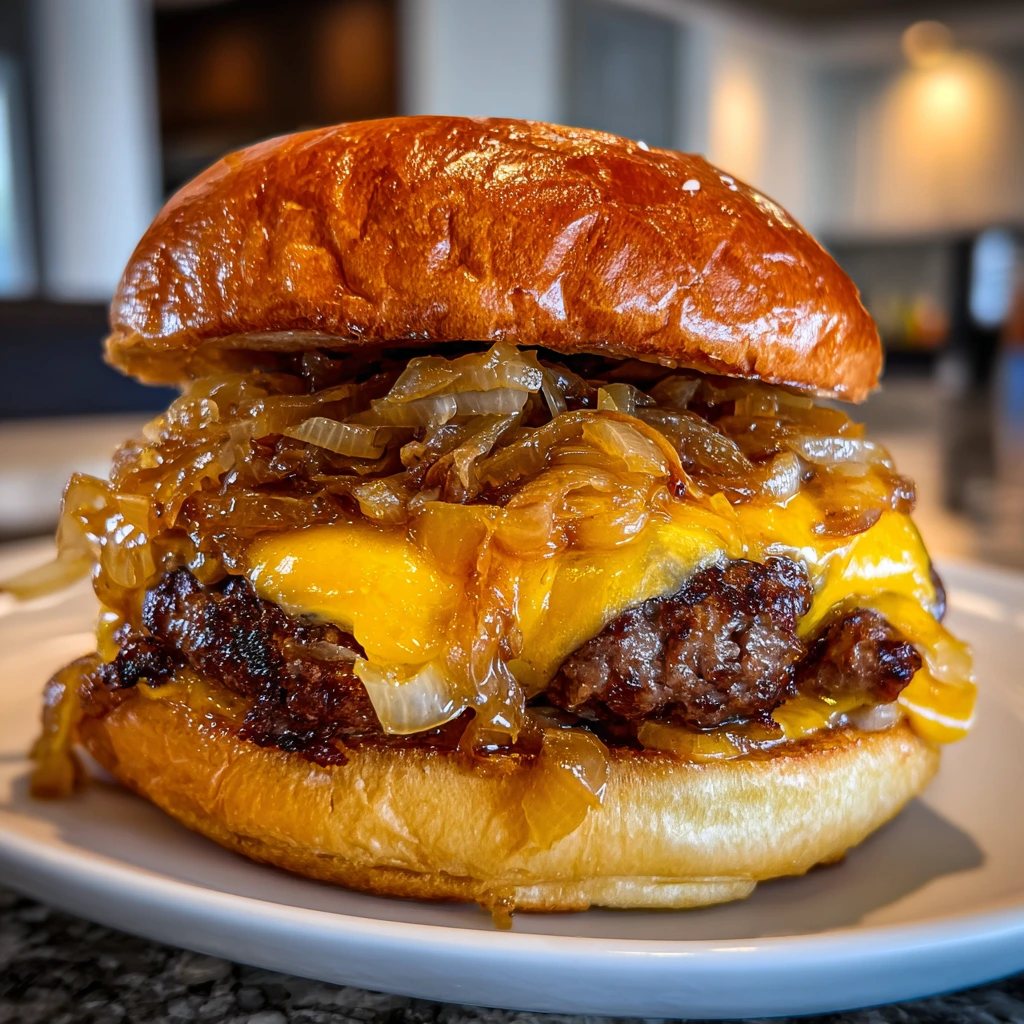 Delicious Oklahoma Onion Burger with Savory Beef and Sweet Caramelized Onions