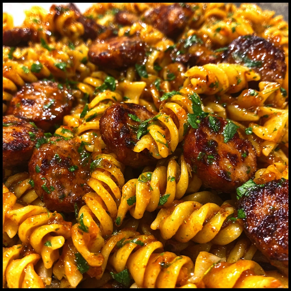 One-Skillet Spicy Honey BBQ Sausage & Pasta Delight