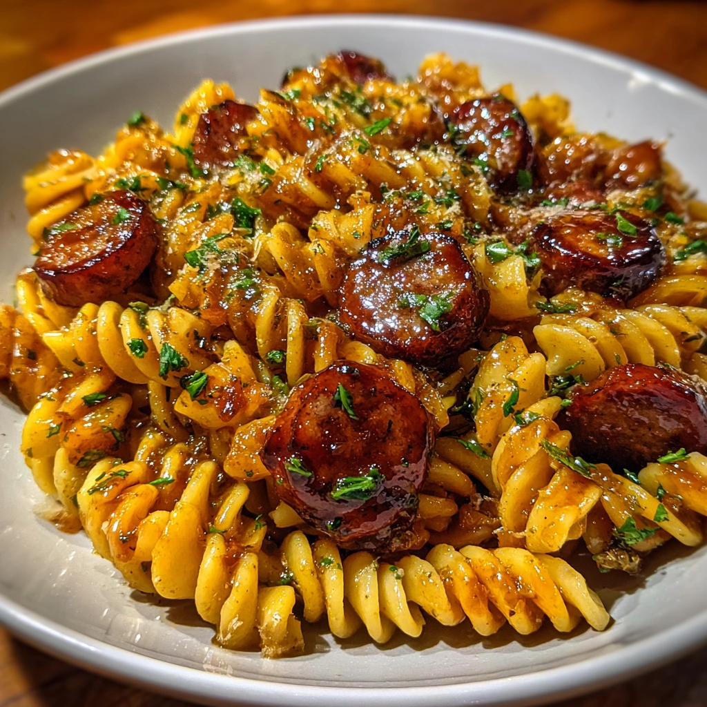 One-Skillet Spicy Honey BBQ Sausage & Pasta Delight
