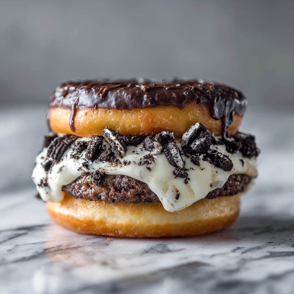 Decadent Oreo Cheesecake Stuffed Donut Burger with Creamy Frosting