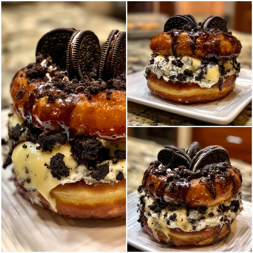 Decadent Oreo Cheesecake Stuffed Donut Burger with a Sinful Chocolate Drizzle