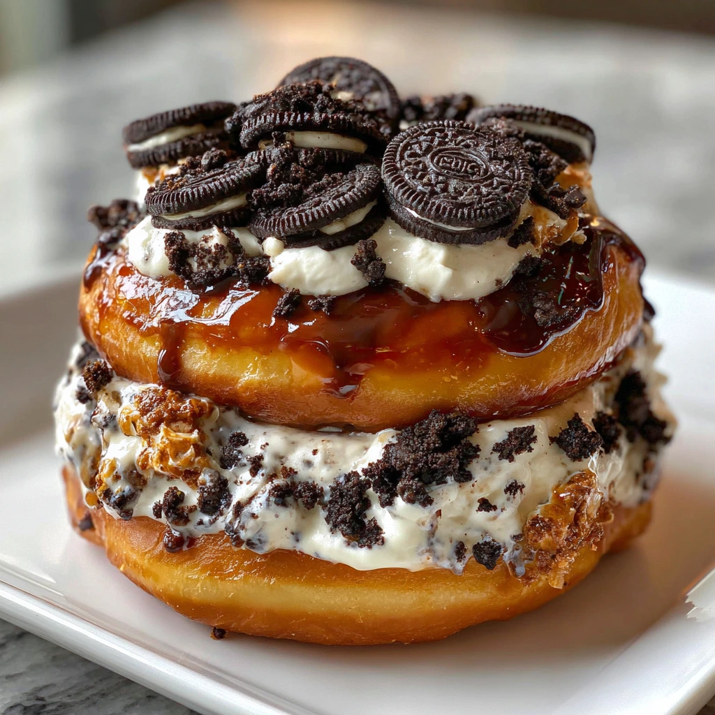 Decadent Oreo Cheesecake Stuffed Donut Burger with a Sinful Chocolate Drizzle