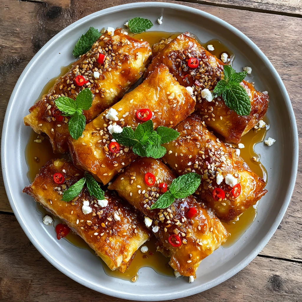 Crispy Oven Fried Feta Rolls with Sweet Chili Honey Drizzle