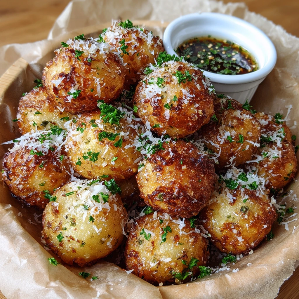 Crispy Parmesan Garlic Potato Balls with Herbs and Creamy Dip