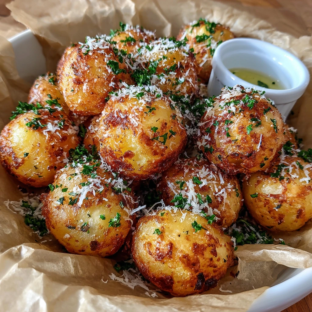 Crispy Parmesan Garlic Potato Balls with Herbs and Creamy Dip