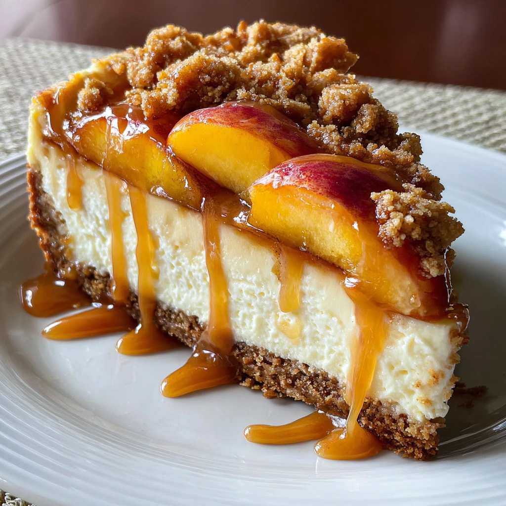 Irresistibly Creamy Peach Cobbler Cheesecake with Crunchy Topping
