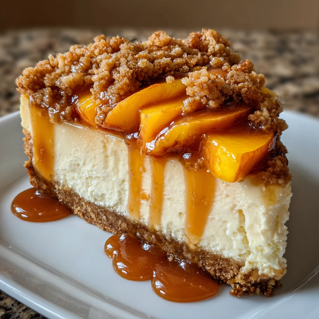 Irresistibly Creamy Peach Cobbler Cheesecake with Crunchy Topping