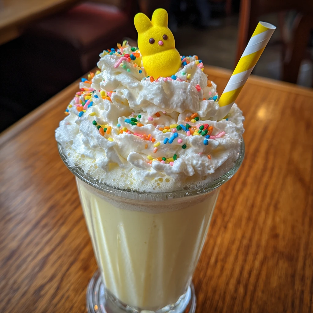 Deliciously Creamy Peeps Marshmallow Milkshake with Whipped Topping and Sprinkles