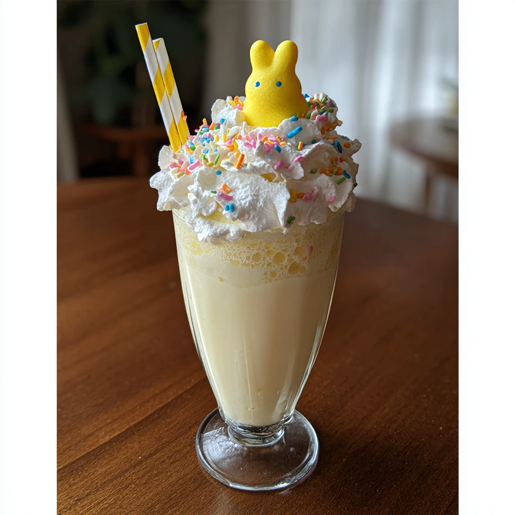 Deliciously Creamy Peeps Marshmallow Milkshake with Whipped Topping and Sprinkles