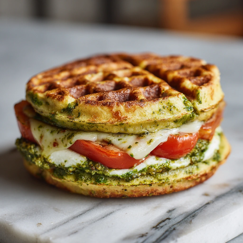Delicious Pesto Chaffle Sandwich with Mozzarella and Sun-Dried Tomatoes