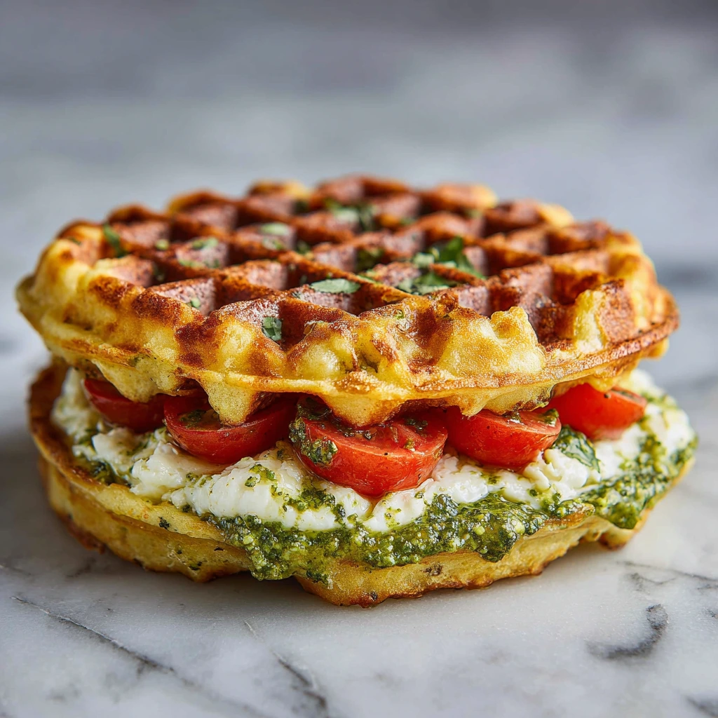 Delicious Pesto Chaffle Sandwich with Mozzarella and Sun-Dried Tomatoes