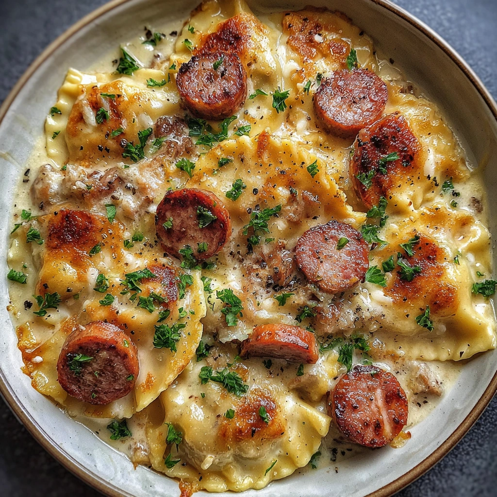 Savory Pierogi Sausage Casserole with Cheesy Potato Filling and Crispy Topping