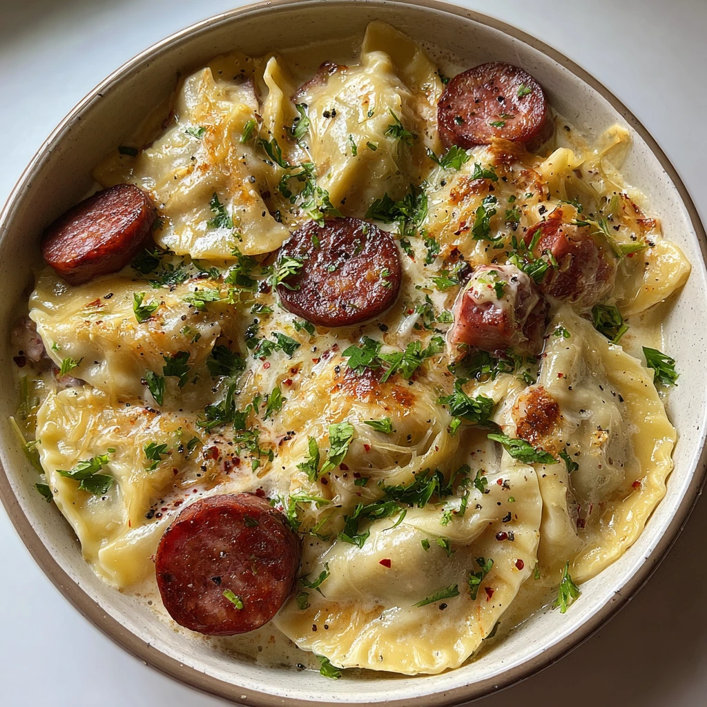 Savory Pierogi Sausage Casserole with Cheesy Potato Filling and Crispy Topping