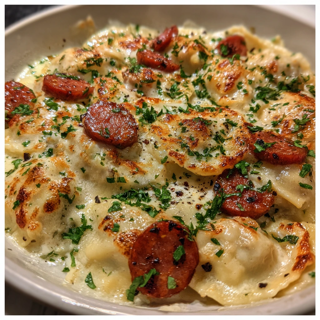 Savory Pierogi Sausage Casserole with Cheesy Potato Filling and Crispy Topping