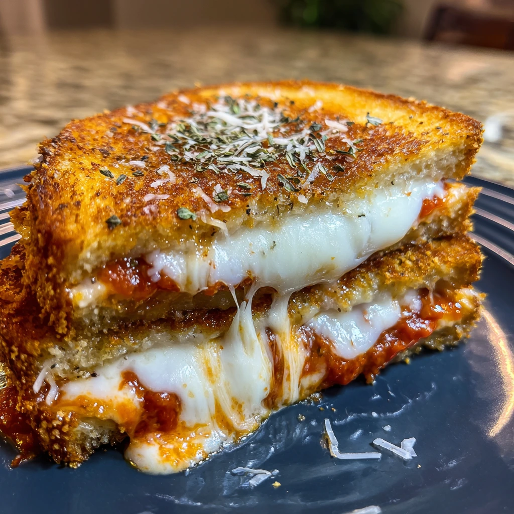 Savory Pizza Grilled Cheese with Mozzarella, Pepperoni, and Marinara