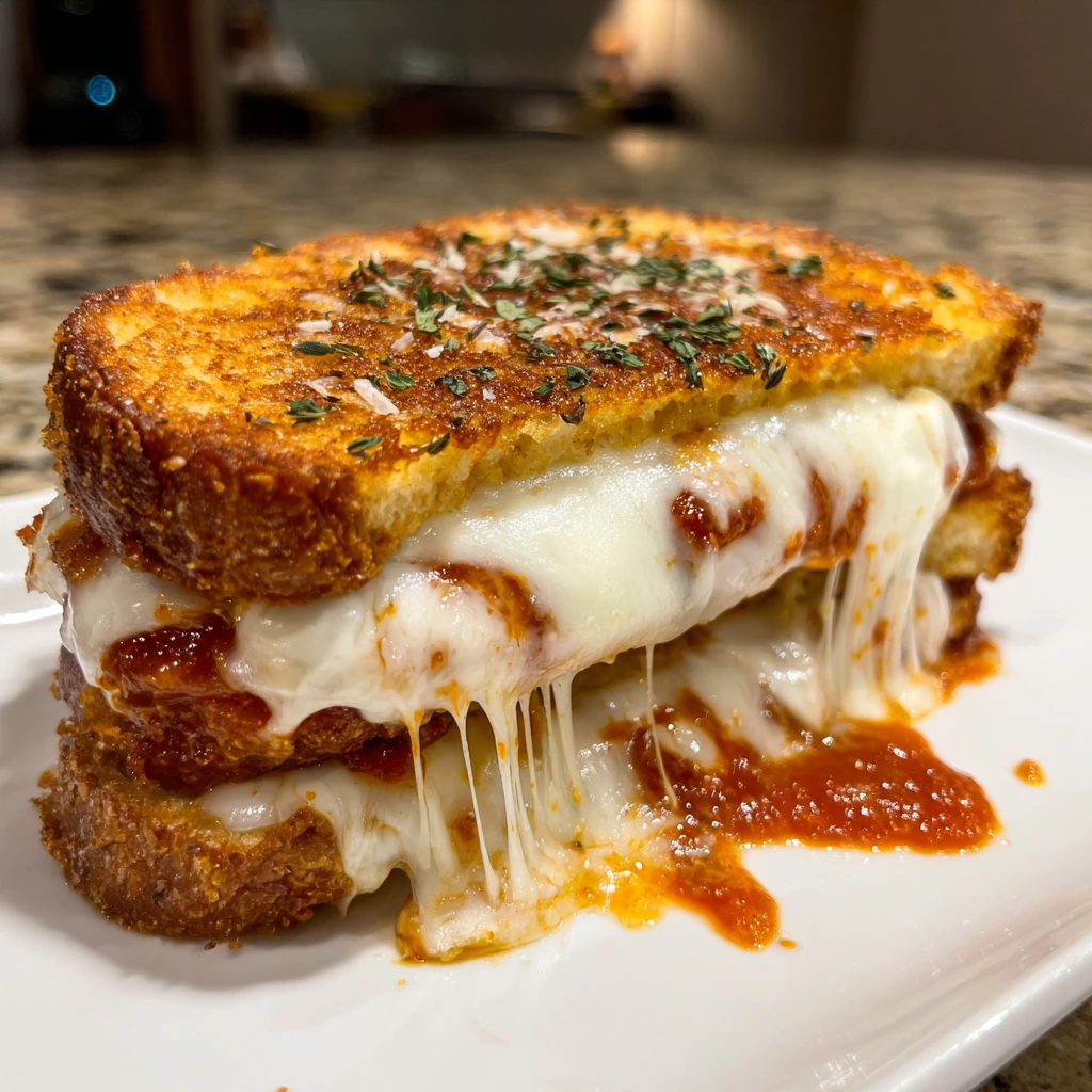 Savory Pizza Grilled Cheese with Mozzarella, Pepperoni, and Marinara