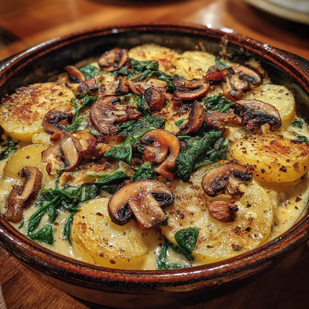 Savory Garlic Roasted Potatoes with Sautéed Mushroom and Spinach Medley