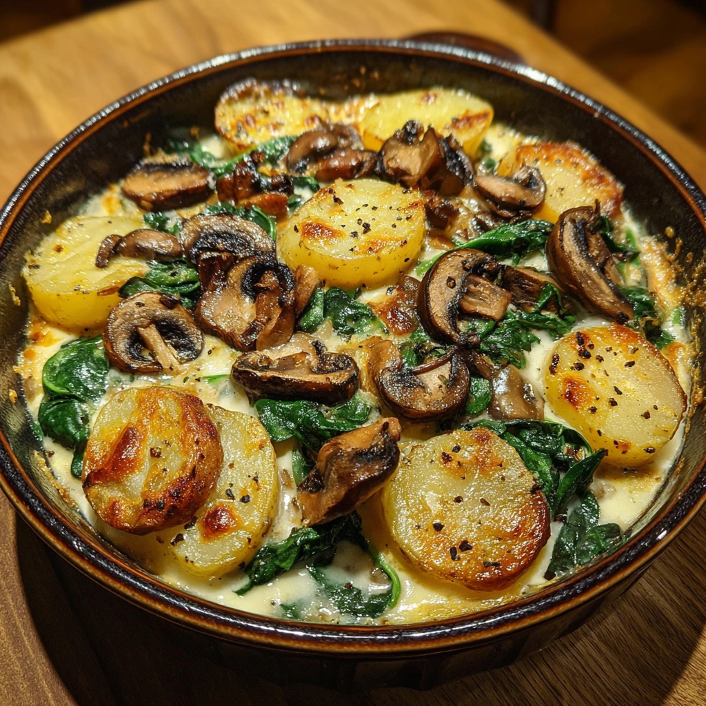 Savory Garlic Roasted Potatoes with Sautéed Mushroom and Spinach Medley